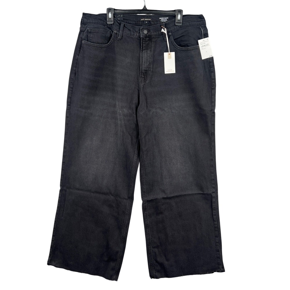 Good American Good Ease Wide Leg Relaxed Size 16 Petite Black Raw Hem Jeans $169